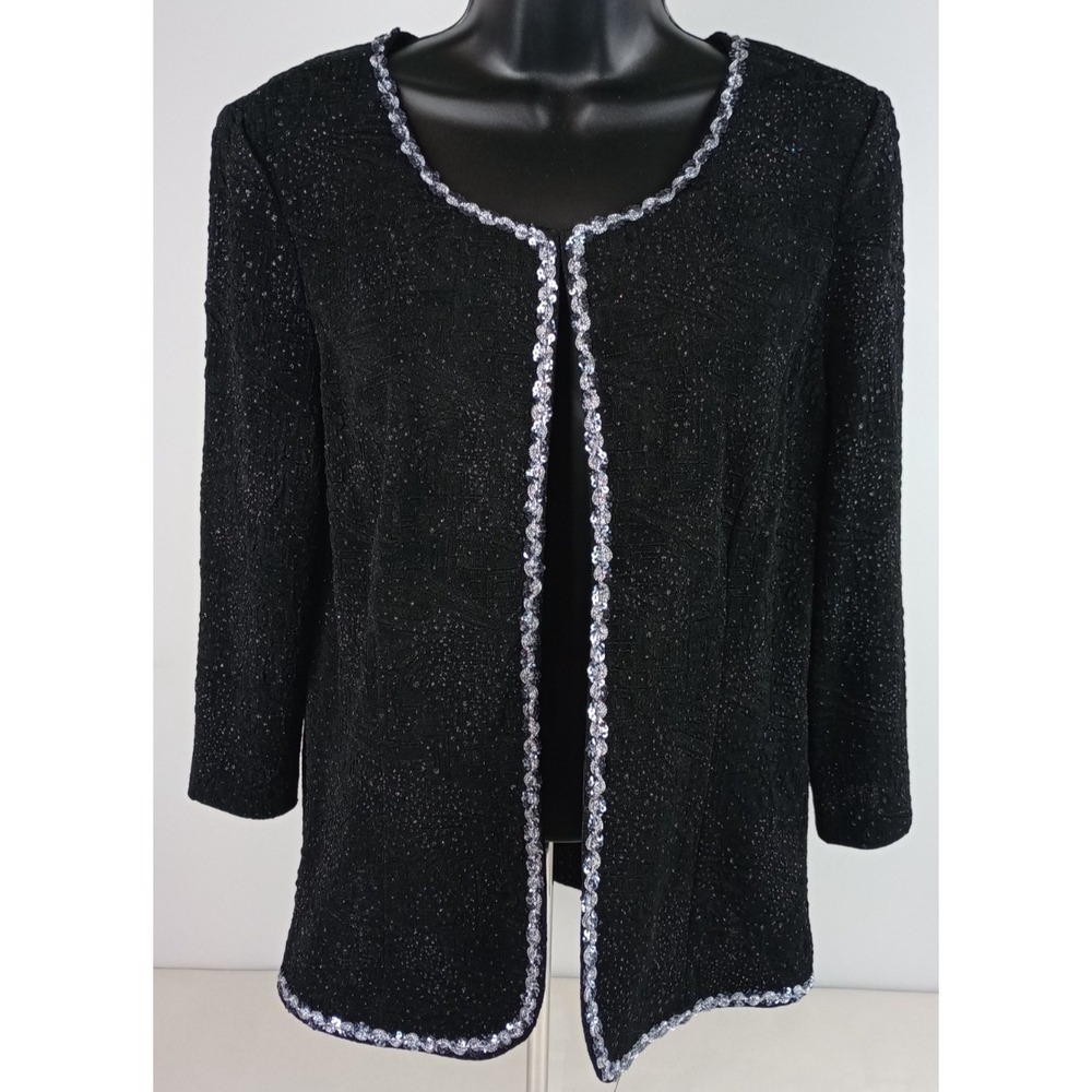 Alex Evenings Womens L Black Silver Sequin Sparkle 3/4 Sleeve‎ Jacket